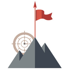 Strategic Mission and Vision Vector Icon: Flag on the Mountain Peak with a Target Symbolizing Business Goals and Success