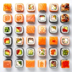A grid of various sushi rolls