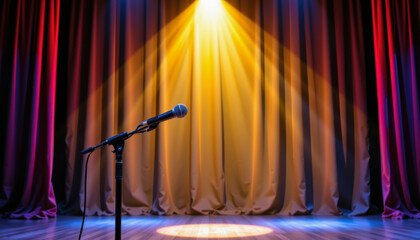 Live performance stage spotlight setting microphone with stand dramatic lighting theatre viewpoint art concept