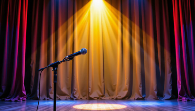 Live performance stage spotlight setting microphone with stand dramatic lighting theatre viewpoint art concept