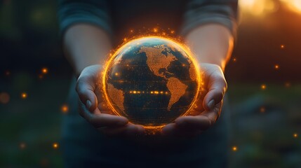 Hands holding glowing digital Earth with orange light particles globe planet photo