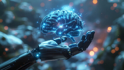 Robot hand holding a glowing brain, representing artificial intelligence and technology.