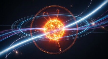 Fototapeta premium Stunning celestial phenomenon A vibrant sun with glowing rings and energetic plasma streams visualized in a cosmic digital art representation