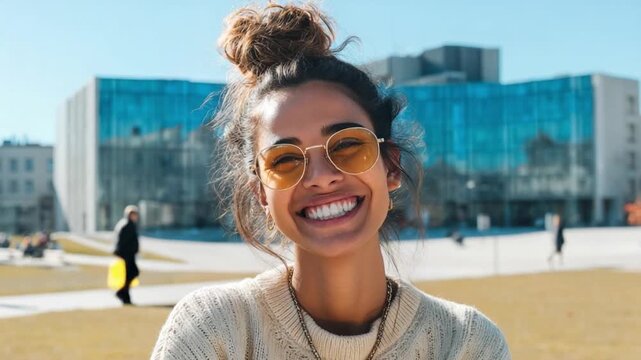 Radiant Smile in the City: A woman beams with genuine happiness, her eyes alight, under a bright, cloudless sky, with a modern building forming a captivating backdrop.