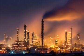 Obraz premium Industrial complex, smoke, evening, illuminated.