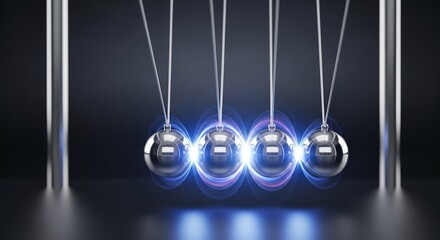 The mesmerizing swing of a Newton's cradle, where chrome spheres transfer kinetic energy in a glowing blue chain reaction of perpetual motion