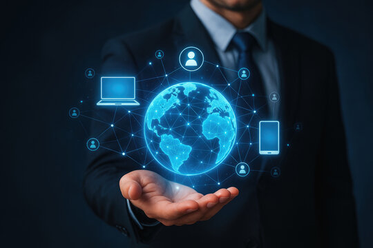 Man in suit presenting a digital globe with network of people and devices around it hand - Powered by Adobe