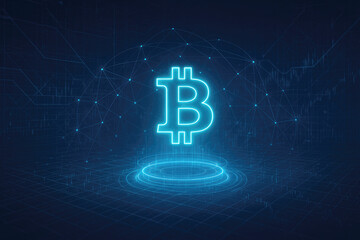 Neon Blue Bitcoin Symbol Floating Above Digital Network With Glowing Orbit cryptocurrency technology