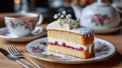 A slice of cake, beautifully served and ready to be enjoyed with a warm cup of tea or coffee, ideal for an afternoon treat