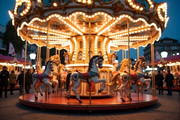 A brightly lit carousel with horses rotating at night in a festive setting.