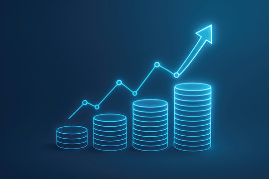 Neon blue line graph showing upward trend with stacks of coins against dark blue background finance growth