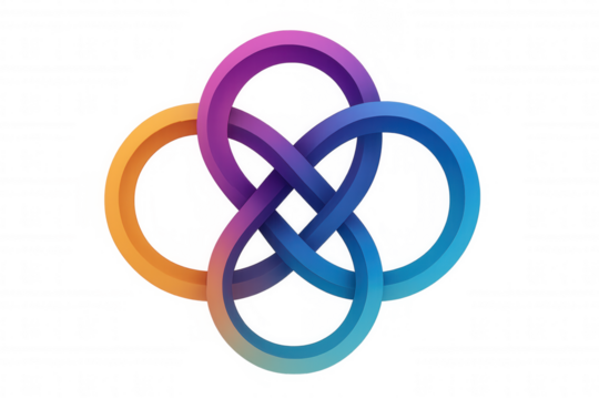 Gradient rings interlocking, forming symbolic interconnected design representing unity, connection, infinity against transparent backdrop