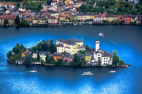 Aerial view of San Giulio Island (St Julius Island) in Lake Orta, Piedmont, Italy