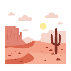 Obraz premium Warm terracotta desert landscape with a saguaro cactus, sand dunes, and distant mesas under a pale sun.