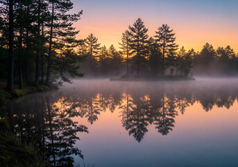 Fototapeta premium Misty lake at sunrise with reflections.