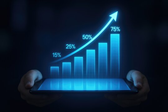 Person Holding Tablet Displaying a Glowing Blue Bar Graph with Upward Arrow and Percentage Increments - Powered by Adobe