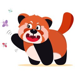 Cute red panda playing with butterflies in cartoon style