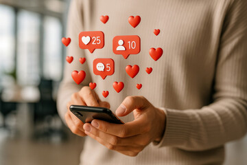 Person using smartphone with social media likes and notifications floating above mobile phone
