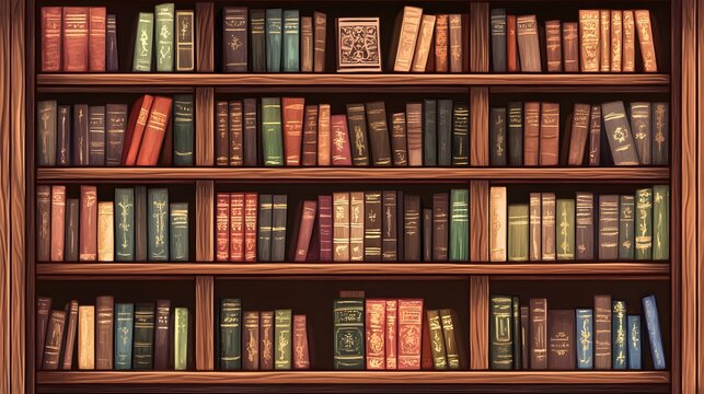 A beautifully organized wooden bookshelf filled with a variety of antique and modern books, showcasing a rich collection of knowledge and literature
