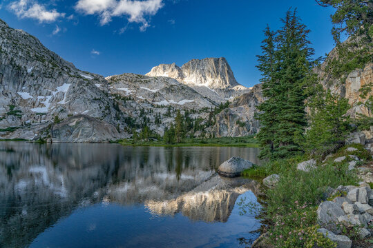 The Juggernaut on Slide Mountain reflected in Crown Lake at dawn, Hoover Wilderness, Humbold-Toiyabe National Forest, California, USA
