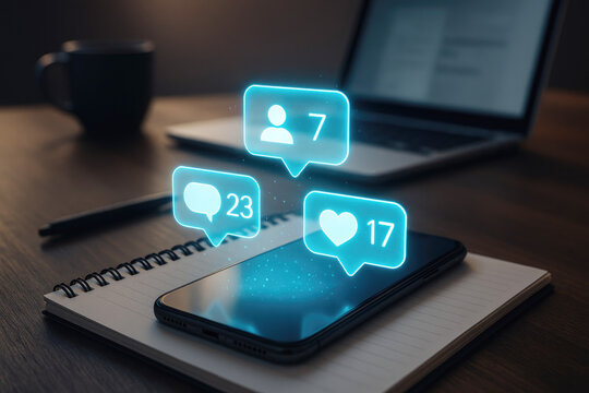 Smartphone with glowing social media notifications for likes comments and followers on a desk with laptop