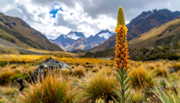 Puya Raimondii Bloom Spike in High-Altitude Andes Grassland
