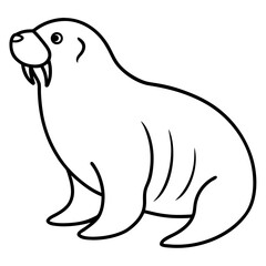 Cute cartoon walrus with tusks sitting down simple line drawing silhouette