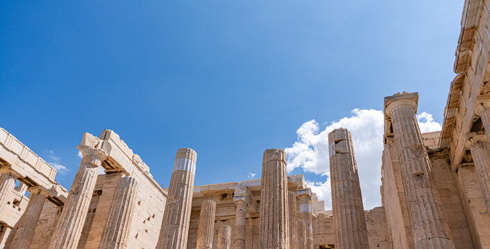 Close-up of columns of the Athenian Acropolis, Athens, Attica, Greece