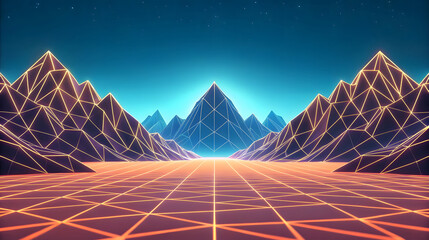 Neon wireframe mountain range digital landscape abstract