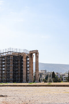 Old Ruins of the Temple of Olympian Zeus surrounded by scaffolding, Athens, Attica, Greece