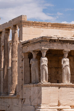 Close-up of the six female statues (caryatids) as columns on the Temple of Athena Polias, Athens, Attica, Greece