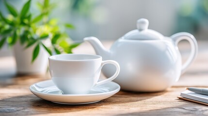 Fototapeta premium White Teacup and Teapot on a Sunny Wooden Table with Greenery