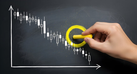 Market downturn graph drawn on blackboard with chalk hand drawing circle around potential turning point business concept