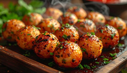 Roasted potato balls on wooden tray