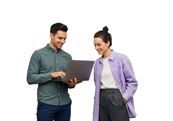 The man is typing on the laptop, while the woman smiles and looks