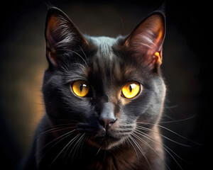 A striking portrait of a sleek black cat with intense yellow eyes against a dark backdrop