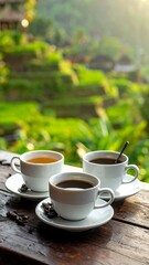 Fototapeta premium Three coffee cups on a wooden table with a blurred background of a terraced field