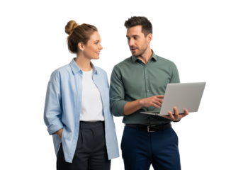 Two european collleagues in conversation about work over a laptop