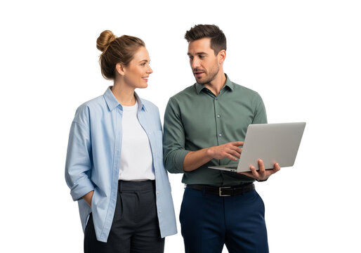 Two european collleagues in conversation about work over a laptop