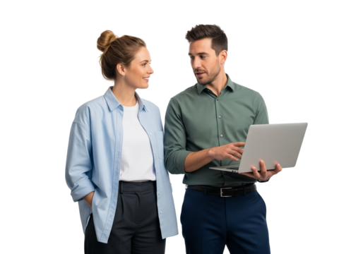 Two european collleagues in conversation about work over a laptop