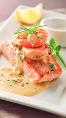 Succulent grilled salmon is garnished with shrimp in a rich creamy sauce, complemented by a vibrant fresh salad on the side, creating a delightful culinary experience for seafood lovers.