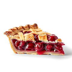 A slice of cherry pie with a lattice crust, showcasing juicy red filling and golden-brown pastry.
