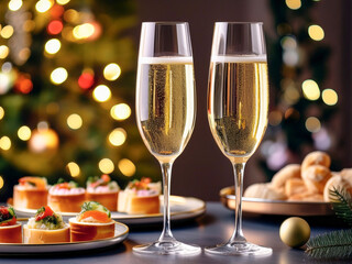 Two flute glasses of champagne on a table with a selection of canapes and a defocussed Christmas tree and lights in the background. Festive concept. No people.