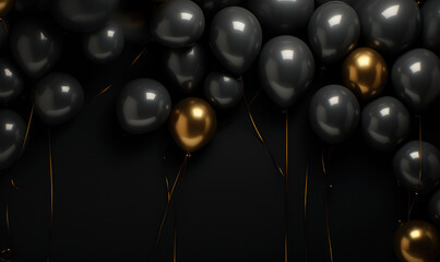 Luxury celebration scene with black and gold balloons, serpentine, and glitter – template for sales or invitations