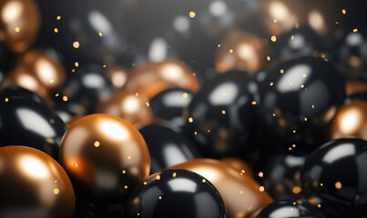 Luxury celebration scene with black and gold balloons, serpentine, and glitter – template for sales or invitations