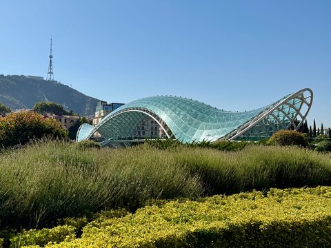 View from RIke Park of the Bridge of Peace Over the Kura River (Mtkvari), Tbilisi, Georgia