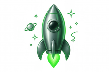 Silver rocket ship launching with green fire and planets on transparent background, ideal for space exploration and futuristic designs