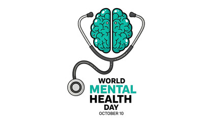 World Mental Health Day illustration depicting brain and stethoscope for awareness promotion