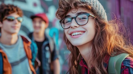 A young woman with curly hair and glasses smiling, with two boys in the background.