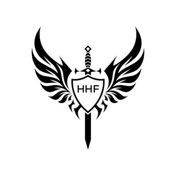 HHF  "Warrior Shield and Sword Emblem with Wings Logo," HHF Later Logo,  "Black Tribal Winged Sword Crest Vector," 
